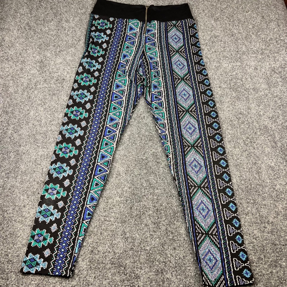 Almost Famous Womens Geometric Tribal Print High Waisted Zipper Leggings Blue L